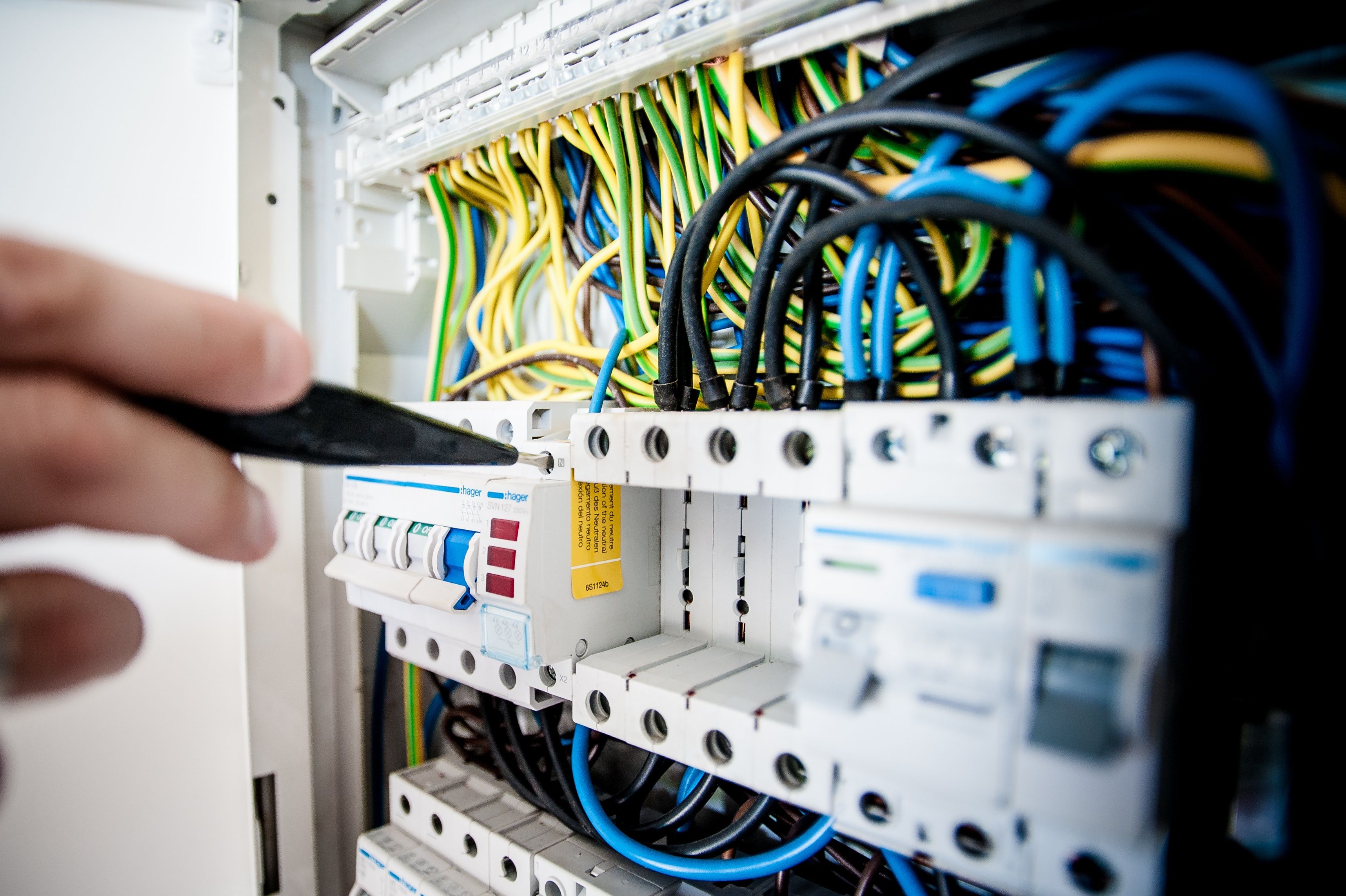 Close-up of residential electrical wiring and breakers
