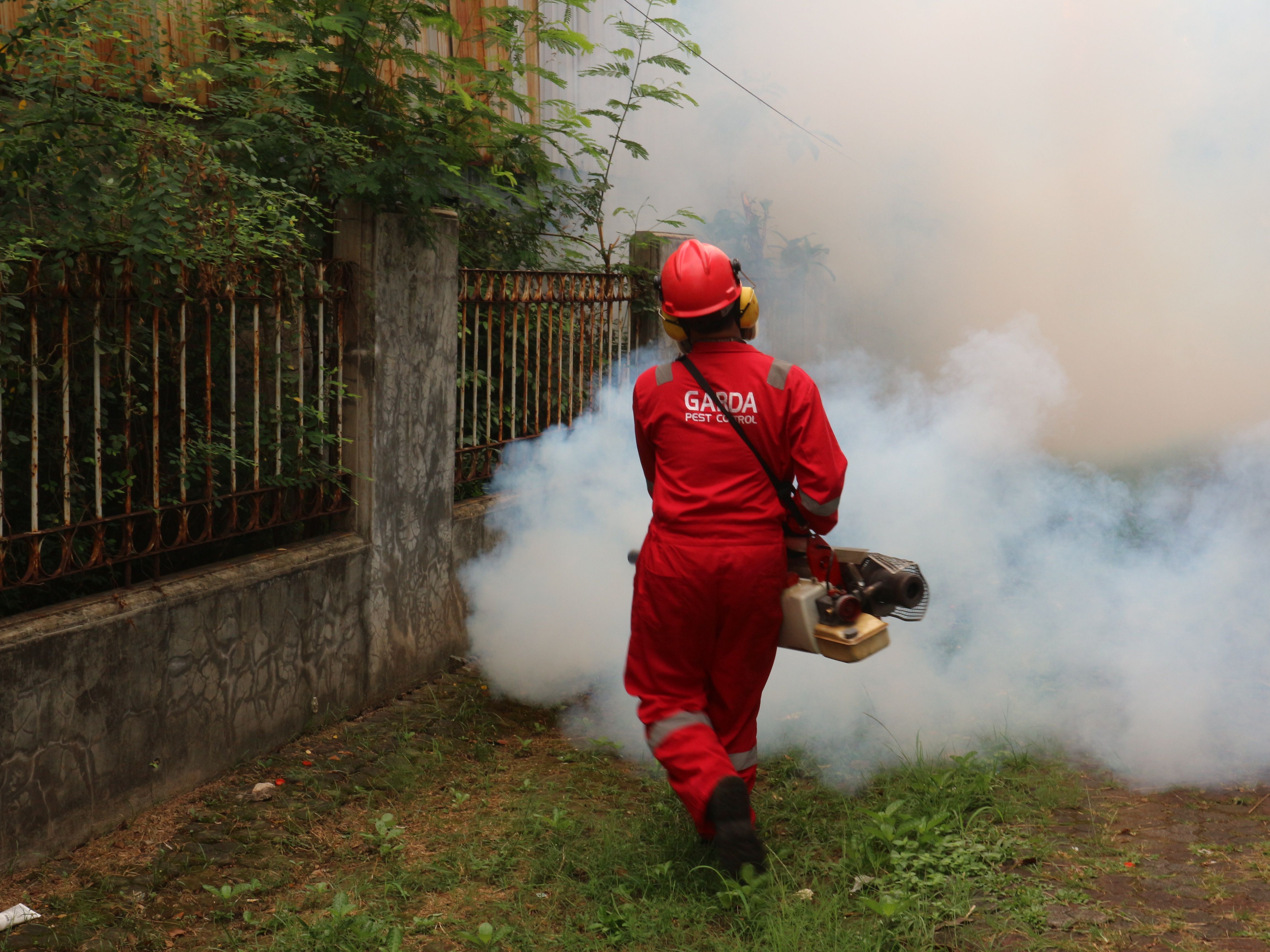 Pest-control technician fogging an outdoor residential yard