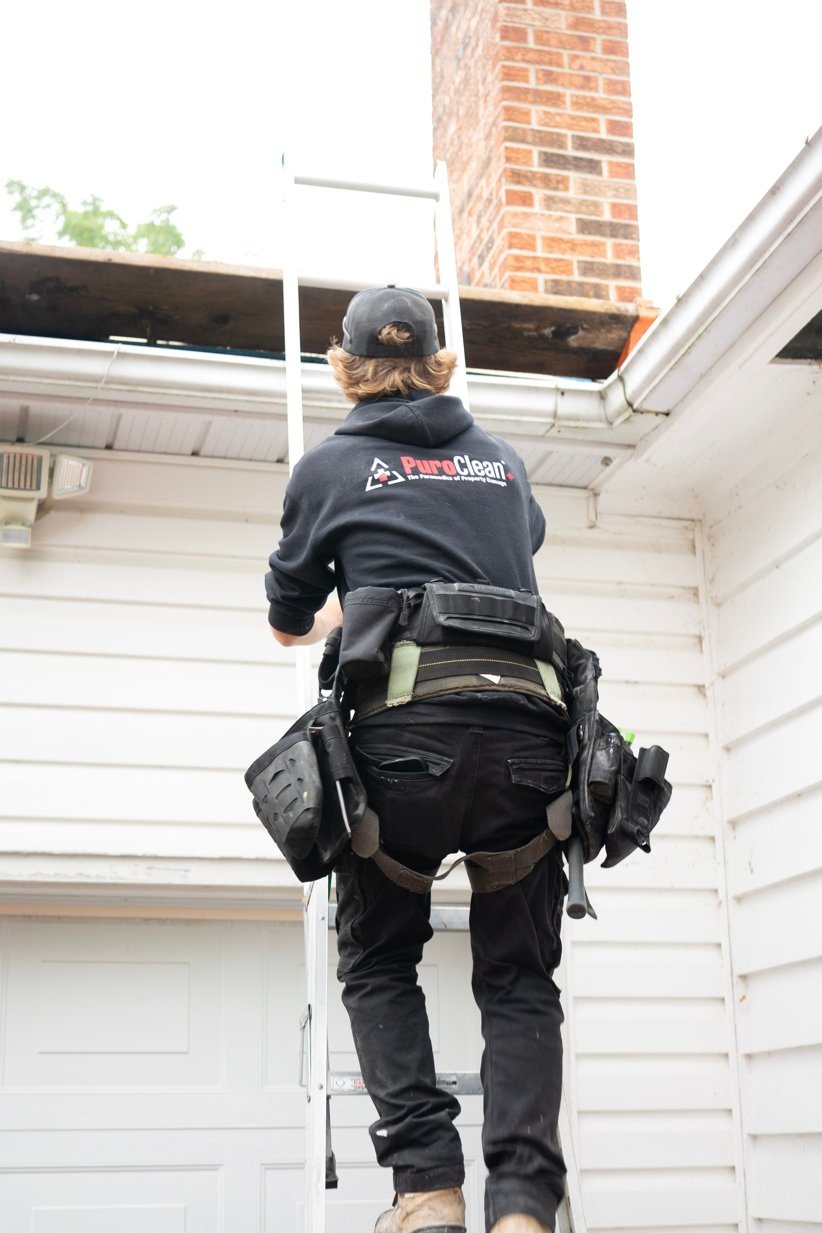 Professional roofer climbing a ladder to inspect a residential roof